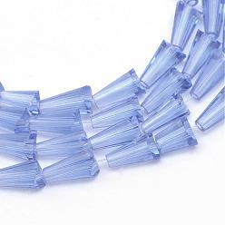 Cornflower Blue Transparent Glass Bead Strands, Cone, Cornflower Blue, 9~12x6mm, Hole: 2mm, about 47~49pcs/strand, 18.70 inch~19.49 inch(47.5~49.5cm)