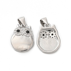 Real Platinum Plated Brass & Glass & Cubic Zirconia Pendants, Owl Charm, Real Platinum Plated, 16x12x3mm, Hole: 3.4x3.9mm