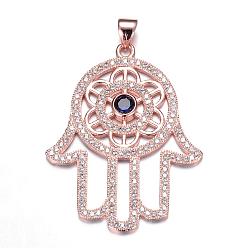 Rose Gold Brass Micro Pave Cubic Zirconia Pendants, Hamsa Hand/Hand of Fatima/Hand of Miriam with Flower, Lead Free & Nickel Free, Rose Gold, 36x28x3mm, Hole: 5x3.5mm