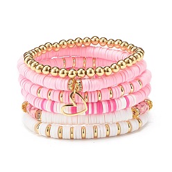 Pink 6Pcs 6 Style Handmade Polymer Clay Heishi Beads Stretch Bracelets Set, Surfering Preppy Bracelets with Heart Charm for Women, Golden, Pink, Inner Diameter: 2-1/4 inch(5.6cm)
