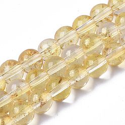 Gold Transparent Spray Painted Glass Bead Strands, with Golden Foil, Round, Gold, 6~7mm, Hole: 1.2~1.5mm, about 65~67pcs/Strand, 14.76 inch~15.12 inch(37.5~38.4cm)