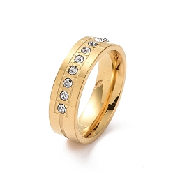Golden Crystal Rhinestone Line Finger Ring, 201 Stainless Steel Jewelry for Women, Golden, Inner Diameter: 17mm