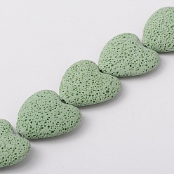 Light Green Synthetic Lava Rock Bead Strands, Heart, Dyed, Light Green, 27~30x28~30x8~10mm, Hole: 1mm, about 15pcs/strand, 15.3 inch