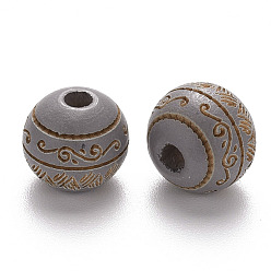 Silver Painted Natural Wood Beads, Laser Engraved Pattern, Round with Leave Pattern, Silver, 10x9mm, Hole: 2.5mm