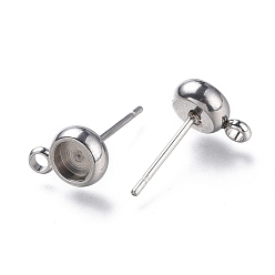 Stainless Steel Color 304 Stainless Steel Stud Earring Settings, with Loop, Flat Round, Stainless Steel Color, Flat Round: 9x6.3mm, Hole: 1.8mm, Pin: 0.8mm, Tray: 4mm