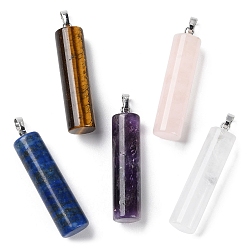 Mixed Stone Natural Mixed Gemstone Pendants, Column Charms with Platinum Plated Brass Snap on Bails, Mixed Dyed and Undyed, 40.8~42x10~10.5mm, Hole: 7.2x4.2mm