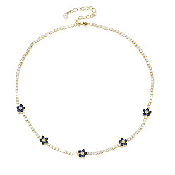Dark Blue Cubic Zirconia Classic Tennis Necklace with Flower Links, Golden Brass Jewelry for Women, Dark Blue, 14.37 inch(36.5cm)