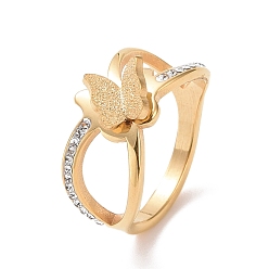 Золотой Кольцо с кристаллами и стразами крест-накрест с кольцом на палец в виде бабочки, ионное покрытие (ip) 304 ювелирные изделия из нержавеющей стали для женщин, золотые, размер США 6 1/4~9 (16.8~18.9 мм)