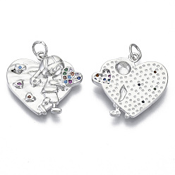 Real Platinum Plated Brass Micro Pave Cubic Zirconia Pendants, Nickel Free, with Jump Rings, for Mother's Day, Heart with Boy, Colorful, Real Platinum Plated, 19.5x20.5x3mm, Jump Ring: 5x0.6mm, inner diameter: 3mm
