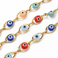 Mixed Color 304 Stainless Steel Link Chains, with Evil Eye Acrylic Bead, Soldered, with Spool, Real 18K Gold Plated, Mixed Color, Eye: 10.5x6x3mm, Link: 6x2x1mm, 10m/roll