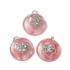 Cherry Quartz Glass Cherry Quartz Glass Pendants, Flat Round Charms, with Platinum Tone Brass Flower with Butterfly Findings, Cadmium Free & Nickel Free & Lead Free, 30~35x28~32x10~10.5mm, Hole: 2mm