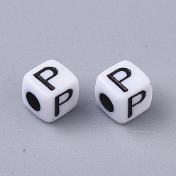 Letter P White Opaque Acrylic Beads, Horizontal Hole, Cube with Black Alphabet, Letter.P, 4~5x4~5x4~5mm, Hole: 1.8mm, about 6470~6500pcs/500g