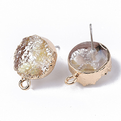 Pale Goldenrod Druzy Resin Stud Earring Loops, with Steel Pins and Edge Light Gold Plated Iron Loops, Flat Round, Pale Goldenrod, 18x13.5mm, Hole: 1.8mm, Pin: 0.6mm
