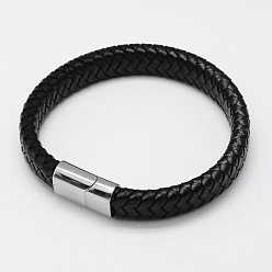 Noir Bracelets cordon cuir tressé, avec 304 fermoirs magnétiques en acier inoxydable, noir, 206x12x6mm