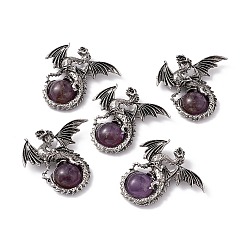 Amethyst Natural Amethyst Dome Pendants, Gragon Charms, with Rack Plating Antique Silver Tone Alloy Findings, Cadmium Free & Lead Free, 44x46x9mm, Hole: 5.5x4mm