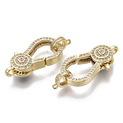 Real 16K Gold Plated Brass Micro Pave Clear Cubic Zirconia Lobster Claw Clasps, with Tube Bails, Nickel Free, Flat Round, Real 16K Gold Plated, Clasp: 27x14x7mm, Hole: 1.5x2mm, Tube Bails: 9.5x7.5x1.5mm, hole: 1.2mm