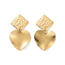Golden 304 Stainless Steel Heart with Rhombus Dangle Stud Earrings for Women, Golden, 39mm, Pin: 0.8mm