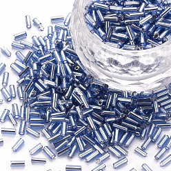 Cornflower Blue Plated Glass Bugle Beads, Metallic Colours, Cornflower Blue, 4x2mm, Hole: 1mm, about 14000pcs/Pound