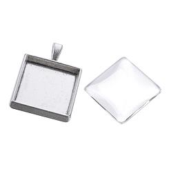 Antique Silver DIY Pendant Making, Tibetan Style Alloy Pendant Cabochon Settings, with Glass Square Cabochons, Lead Free, Antique Silver, 32x24x4.5mm, Hole: 7x3.5mm, Glass: 20x20x5~6mm, 2pcs/set
