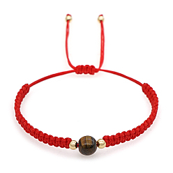 Œil De Tigre Bracelet de perles tressées rondes en oeil de tigre naturel, bracelet réglable rouge, perle: 8 mm
