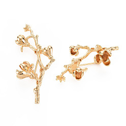 Real 18K Gold Plated Brass Brooch Findings, For Half Drilled Beads, Leafy Branches, Nickel Free, Real 18K Gold Plated, 45x20x15mm, Pin: 0.8mm, Pin: 0.9mm(for Half Drilled Bead)