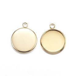 Golden Ion Plating(IP) 304 Stainless Steel Pendant Cabochon Settings, Plain Edge Bezel Cups, Flat Round, Golden, Tray: 10mm, 15x12x2mm, Hole: 2mm
