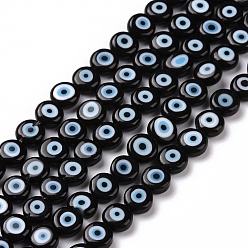 Black Handmade Evil Eye Lampwork Flat Round Bead Strands, Black, 6x3mm, Hole: 1mm, about 65pcs/strand