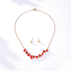 Piedra Roja Collar con colgante de chips de jaspe rojo natural y aretes de bola redonda, conjunto de joyas de acero inoxidable dorado, Sin tamaño