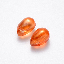 Orange Transparent Spray Painted Glass Charms, with Glitter Powder, Teardrop, Coral, 9x6x6mm, Hole: 1mm