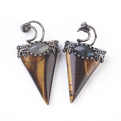 Tiger Eye Natural Tiger Eye Big Pendants, with Brass Findings, Triangle, Antique Silver, 53~58x28~29x16~18mm, Hole: 5x7mm