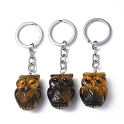 Œil De Tigre Porte-clés pendentif oeil de tigre naturel, avec des découvertes de porte-clés en fer, chouette, 8 cm