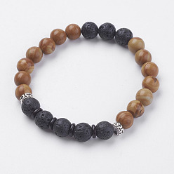 Natural Gemstone Natural Lava Rock Beads Stretch Bracelets, with Wenge Wood Beads, Wenge Wood Lace Stone, Coconut and Alloy Finding, 2 inch(50~52mm)