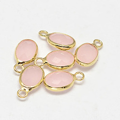 Pink Oval Faceted Golden Tone Brass Glass Charms, Pink, 12x7x3.5mm, Hole: 1mm