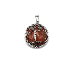 Goldstone Synthetic Goldstone Pendants, Tree of Life Charms with Platinum Plated Alloy Findings, 31x27mm