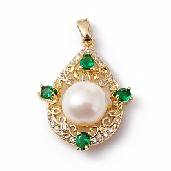 Green Natural Cultured Freshwater Pearl Pendants, with Brass Micro Pave Cubic Zirconia Findings, Golden, Teardrop, Green, 27x20x10mm, Hole: 4x3mm