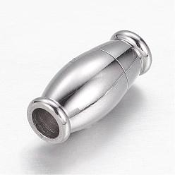 Stainless Steel Color Barrel 304 Stainless Steel Magnetic Clasps with Glue-in Ends, Stainless Steel Color, 14x6.5mm, Hole: 3mm