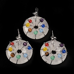 Quartz Crystal Natural Quartz Crystal Pendants, Rock Crystal Pendants, with Platinum Brass Findings, Donut/Pi Disc with Beaded Charms, 41~42x31x11.5~12.5mm, Hole: 5~5.5x3mm