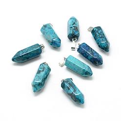 Natural Agate Dyed Natural Blue Agate Pointed Pendants, with Platinum Tone Brass Findings, Bullet, 25~26x9x8mm, Hole: 7x3mm