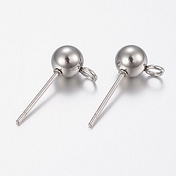 Stainless Steel Color 201 Stainless Steel Stud Earring Findings, with Loop, Round, Stainless Steel Color, 16x5mm, Hole: 2mm, Pin: 0.8mm