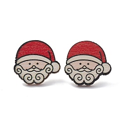 Santa Claus Christmas Printed Wooden Stud Earrings, with 316 Stainless Steel Pins for Women, Santa Claus, 23x24mm, Pin: 0.7mm