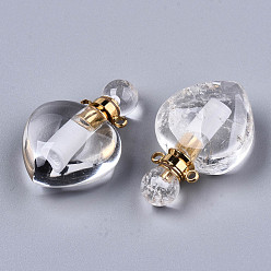 Cristal de Quartz Pendeloques de cristal de quartz naturel, bouteille de parfum ouvrable, avec les accessoires en laiton de tonalité d'or, cœur, 33~34.5x22.5x12.5~13.5mm, Trou: 1.8mm, capacité de la bouteille: 1 ml (0.034 fl. oz)