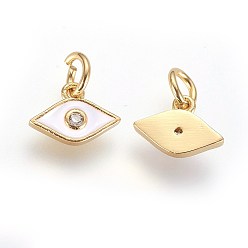 White Brass Micro Pave Cubic Zirconia Charms, with Enamel and Jump Ring, Horse Eye, Golden, White, 7x10x2mm, Hole: 3mm