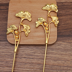 Golden Iron Hair Stick Findings, with Alloy Cabochons Setting, Leaf, Golden, 120x2.5mm, Tray: 6mm and 8mm and 10mm