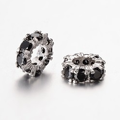 Black Large Hole Ring Brass Micro Pave Cubic Zirconia Spacer Beads, Platinum, Black, 11x4mm, Hole: 5mm