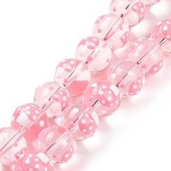 Pink Handmade Lampwork Beads Strands, Round with Mushroom, Pink, 12~12.5x11.5mm, Hole: 1.2mm, about 30pcs/strand, 13.78''(35cm)