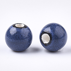 Cornflower Blue Handmade Porcelain Beads, Fancy Antique Glazed Porcelain, Round, Cornflower Blue, 10.5~11x9.5mm, Hole: 2.5mm
