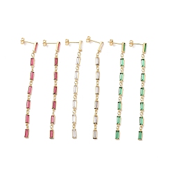 Mixed Color Cubic Zirconia Rectangle Dangle Stud Earrings, Real 18K Gold Plated Brass Long Tassel Earrings for Women, Cadmium Free & Nickel Free & Lead Free, Mixed Color, 89.5x4x2mm, Pin: 0.8mm