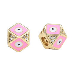 Pearl Pink Brass Micro Pave Clear Cubic Zirconia Beads, with Enamel, Real 18K Gold Plated, Octagon with Evil Eye, Nickel Free, Pearl Pink, 11x11x8.5mm, Hole: 4mm