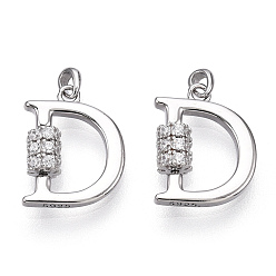 Real Platinum Plated Rhodium Plated 925 Sterling Silver Micro Pave Cubic Zirconia Charms, Initial Letter D, Nickel Free, Real Platinum Plated, 12x9.5x3mm, Hole: 1.2mm