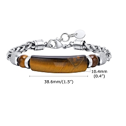 Tiger Eye Natural Tiger Eye Curved Bar Link Bracelet, with Stainless Steel Wheat Chains, 8-1/4 inch(21cm)